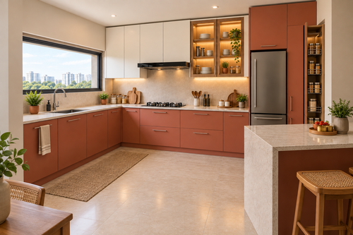 Second angle of Ember L-Shape modular kitchen in Terracotta & Ivory
