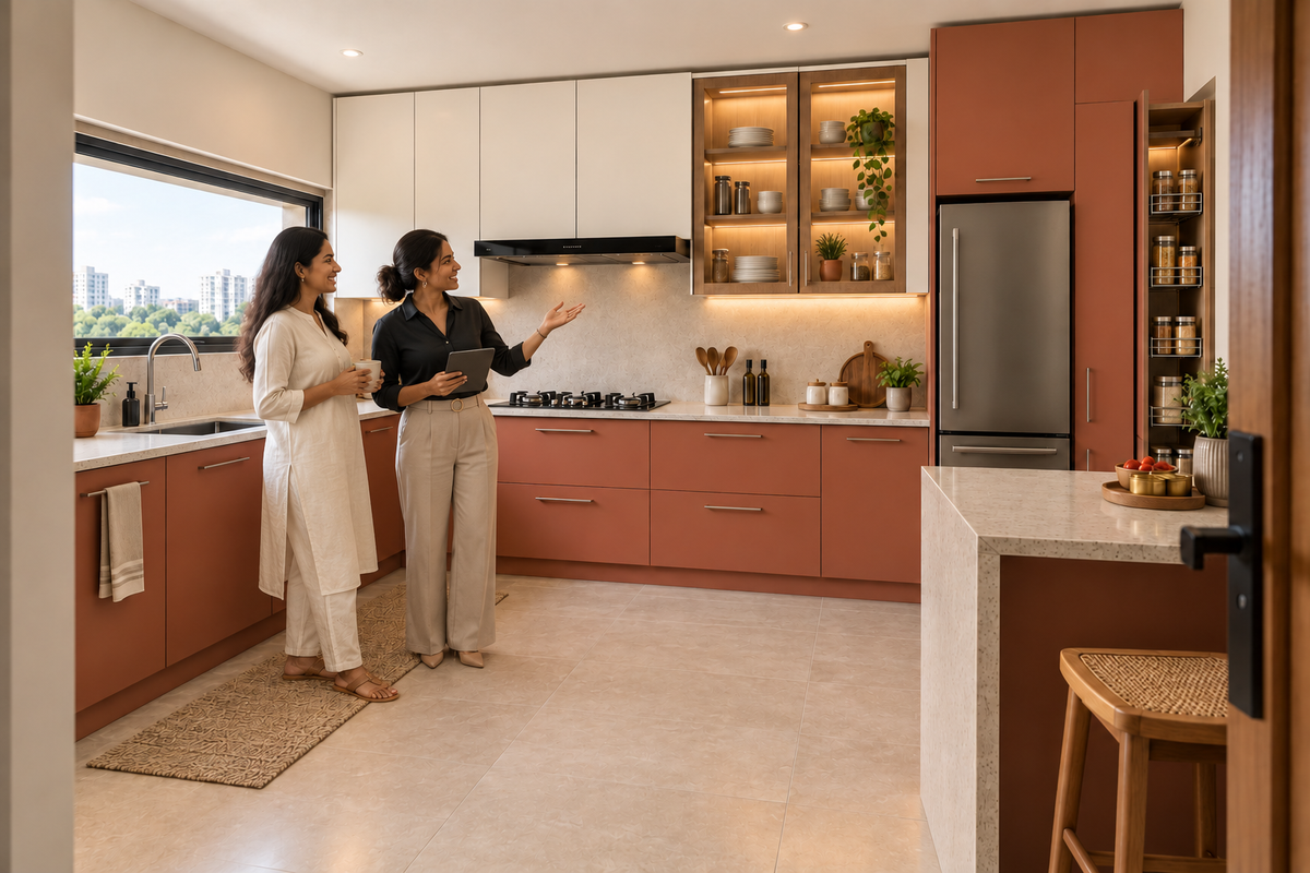 Indian homeowners with the Ember L-Shape modular kitchen in Terracotta & Ivory