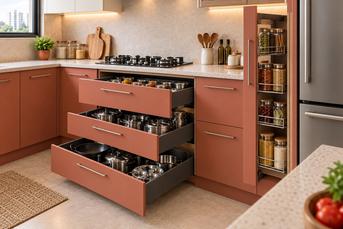 Cabinet and storage detail in Ember L-Shape modular kitchen