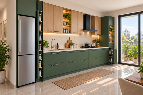 Second angle of Fern Straight modular kitchen in Forest Green & Oak