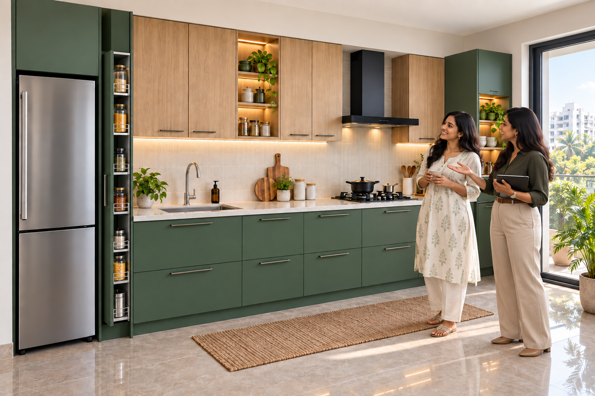 Indian homeowners with the Fern Straight modular kitchen in Forest Green & Oak