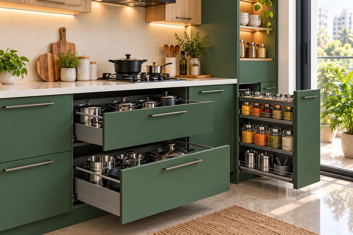 Cabinet and storage detail in Fern Straight modular kitchen