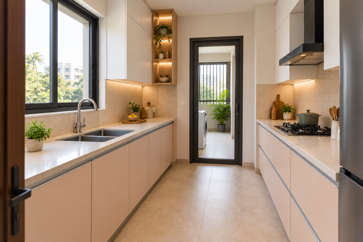 Second view along the peach kitchen counters towards utility access