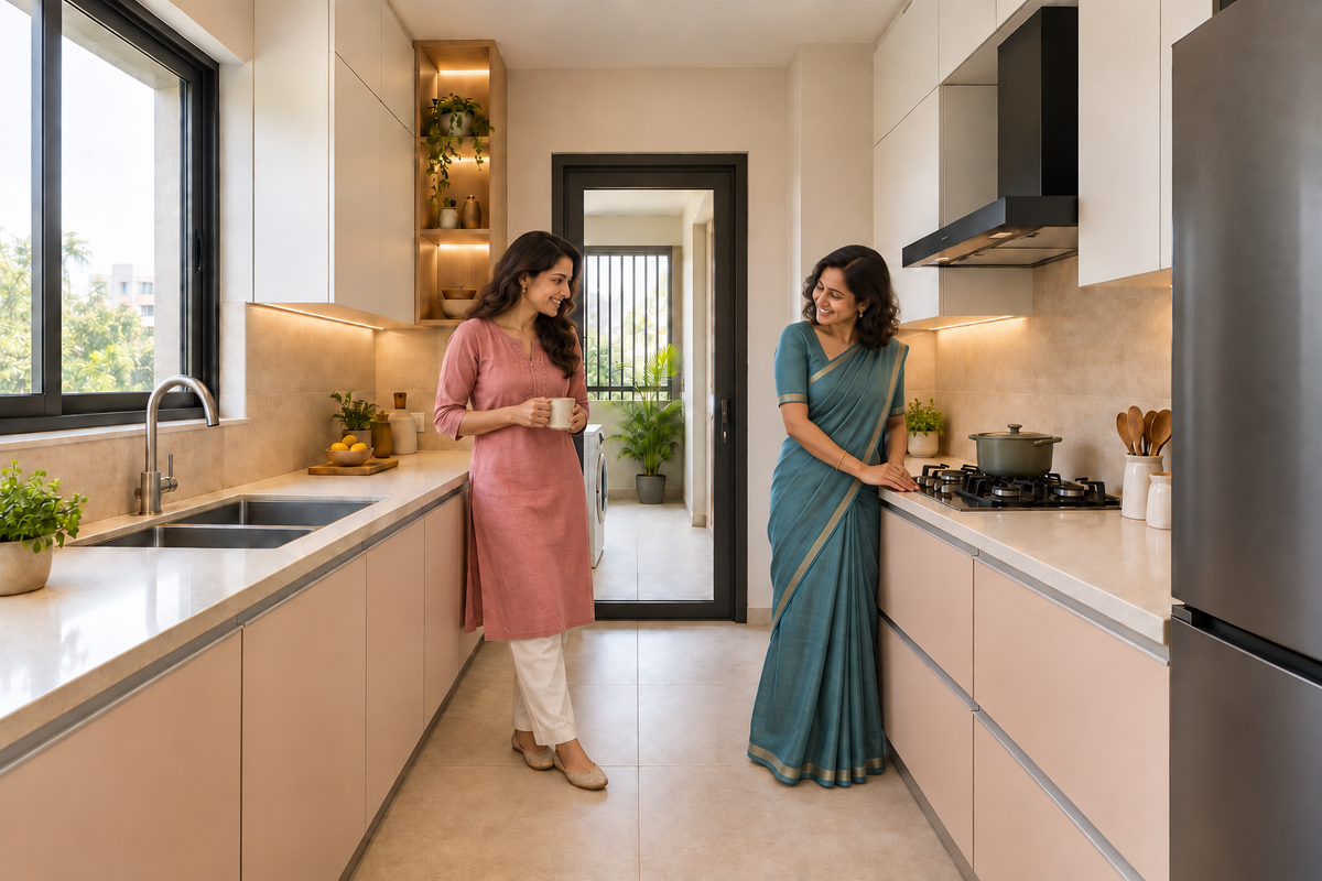Two smiling Indian women enjoying a peach parallel kitchen