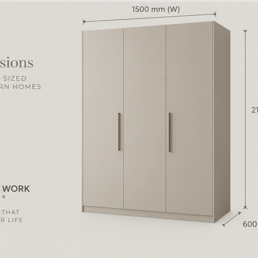 Greige 3 Door Wardrobe dimensions 1500 x 2100 x 600 mm by Right Work Interior Bangalore