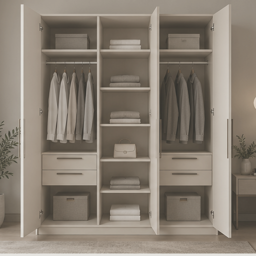 Greige 3 Door Wardrobe open interior view by Right Work Interior Bangalore