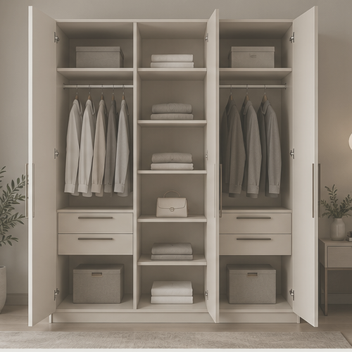Greige 3 Door Wardrobe open interior view by Right Work Interior Bangalore