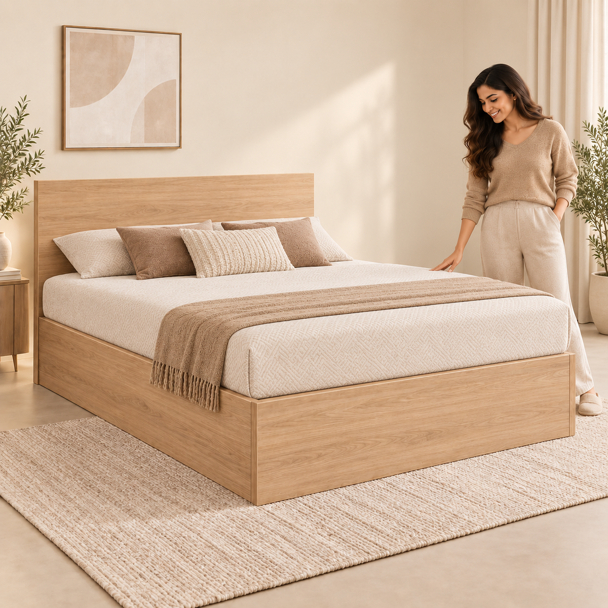 Right Work hydraulic storage modular bed in Oak finish, closed lifestyle view