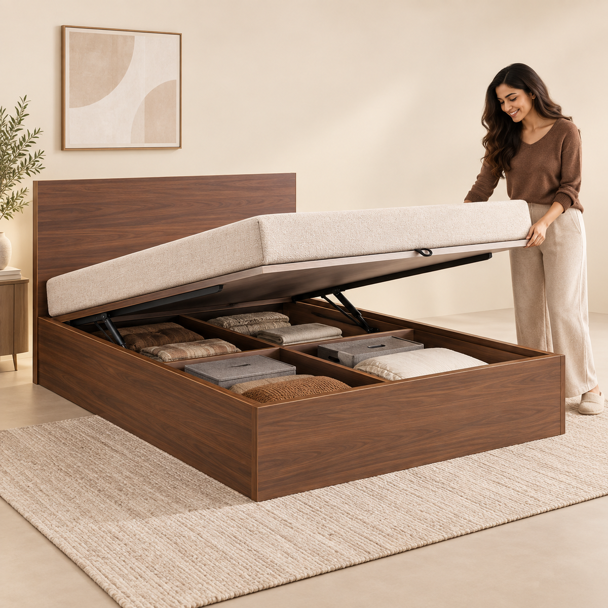 Right Work hydraulic storage modular bed in Walnut finish with hydraulic storage open