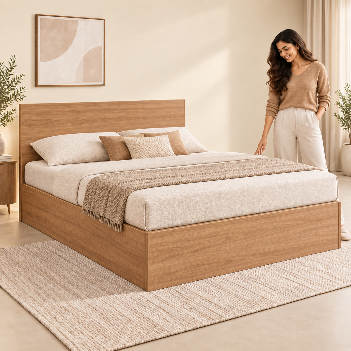Right Work hydraulic storage modular bed in Wooden finish, closed lifestyle view