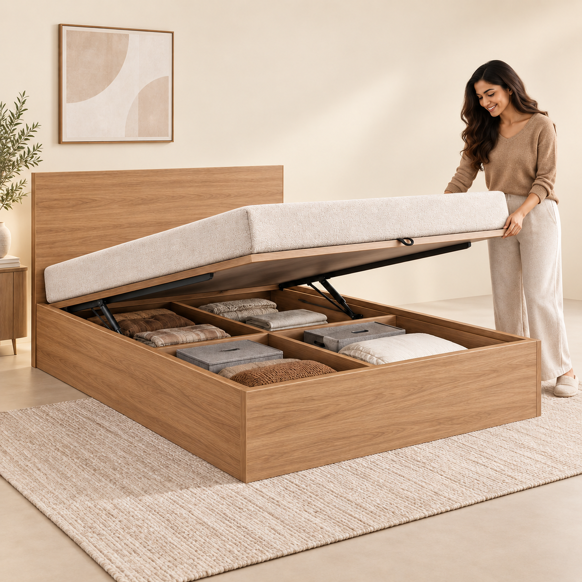 Right Work hydraulic storage modular bed in Wooden finish with hydraulic storage open