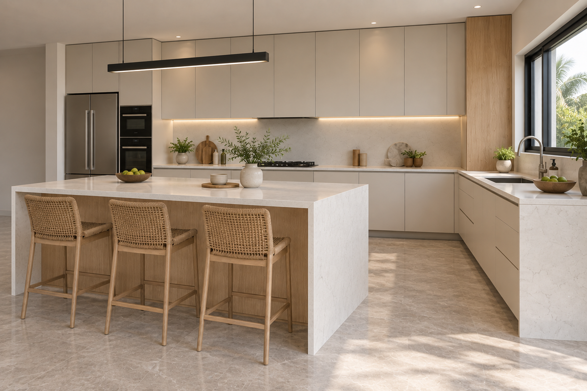 Second angle of an oak and quartz island with surrounding ivory kitchen cabinetry