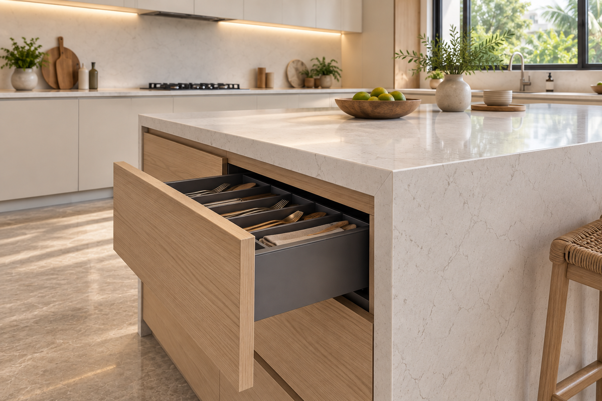 Oak island drawer with fitted cutlery storage and a white quartz waterfall edge