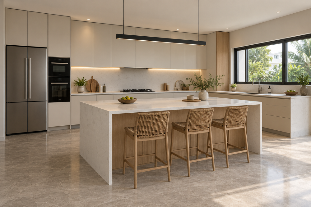 Island Kitchen — Oak & White Quartz
