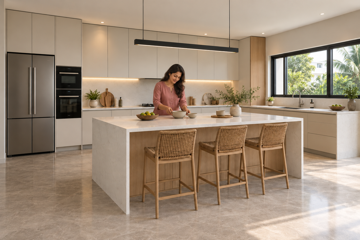 Indian homeowner arranging ceramic bowls at an oak and white quartz kitchen island