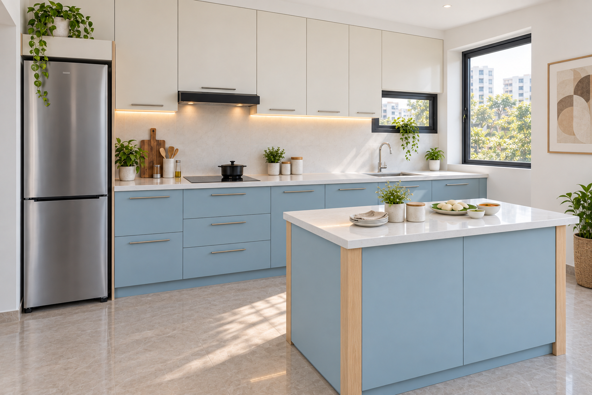 Angled view of the Isle kitchen showing the blue island and rear cooking and sink areas