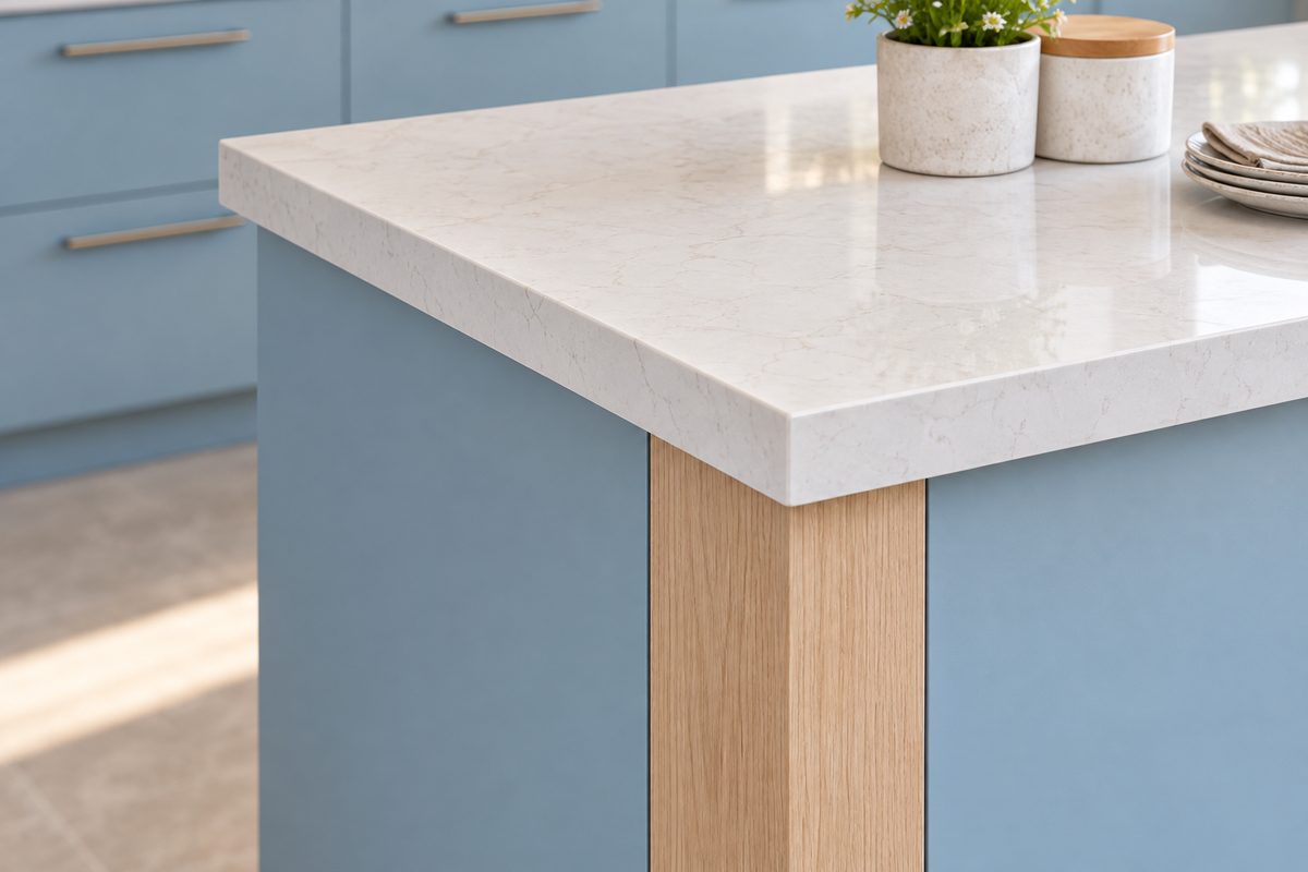 Close-up of the Isle island's white quartz corner, oak trim and blue cabinet panels
