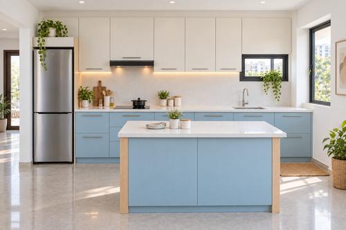 Pastel-blue island kitchen with cream upper cabinets and pale oak island trims