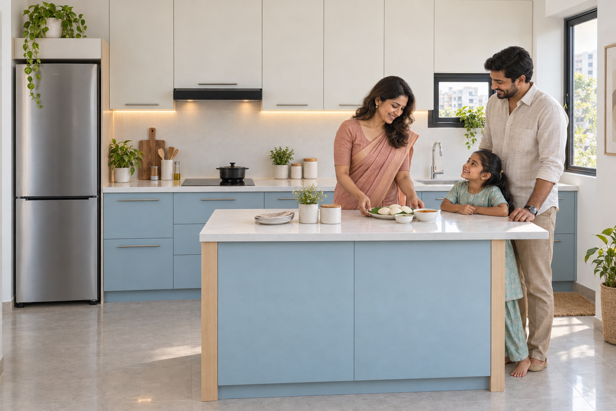 Smiling South Indian family enjoying breakfast in a pastel-blue island kitchen