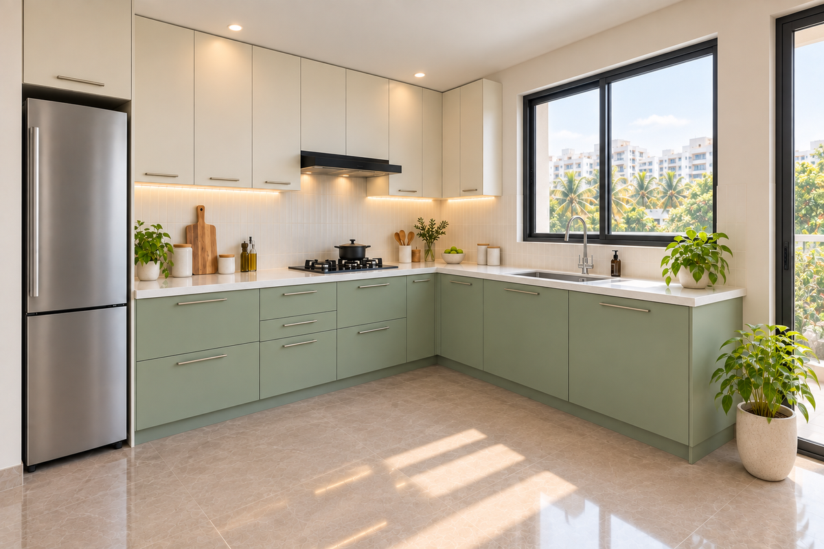 Second angle of Juniper sage and cream L-shape modular kitchen