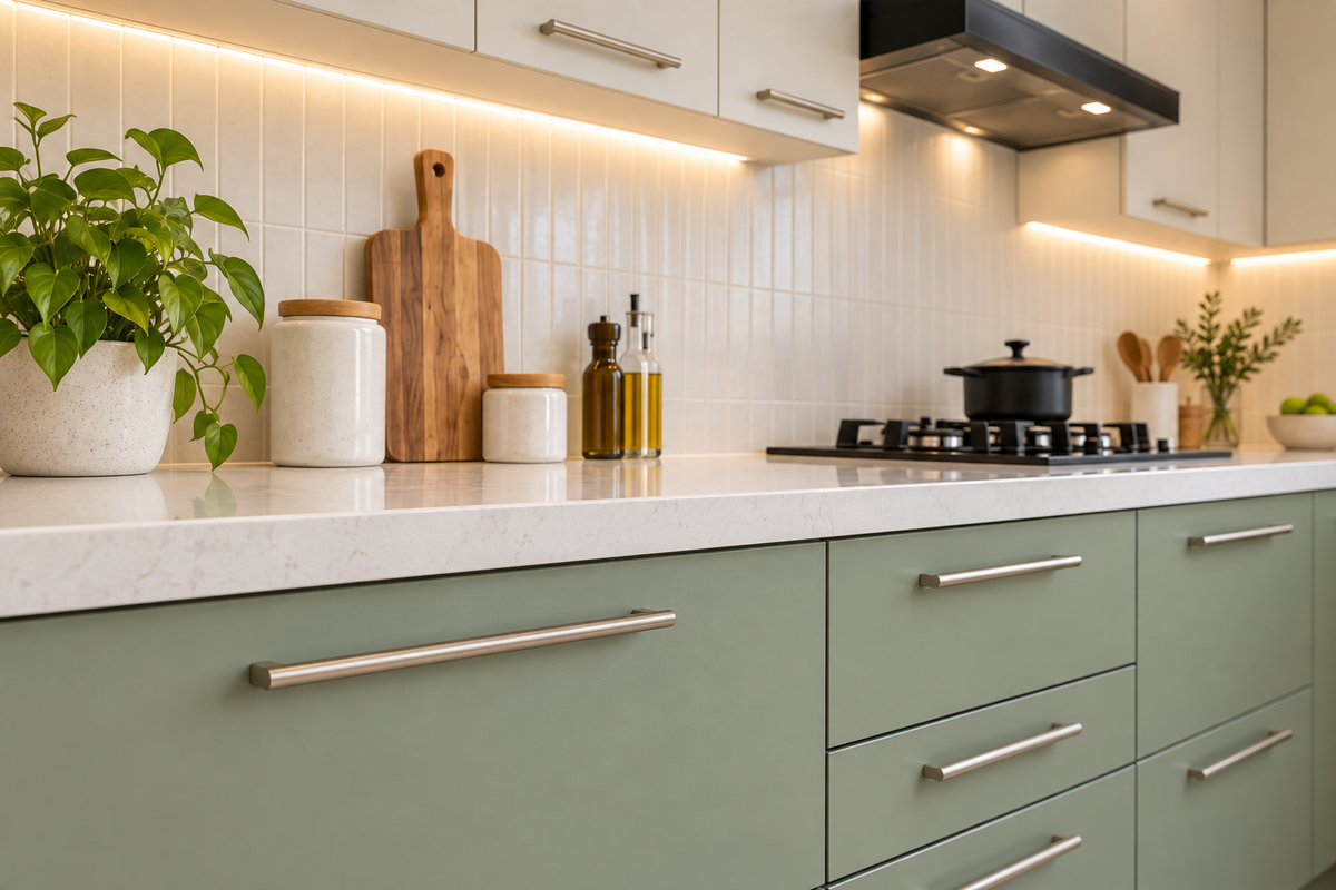 Sage cabinet and white quartz countertop detail in Juniper modular kitchen
