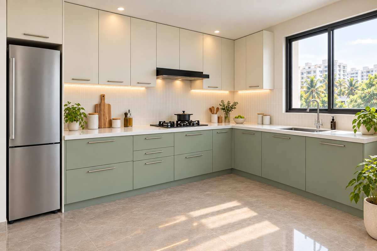Juniper L-shape modular kitchen in sage green and cream by Right Work Interior