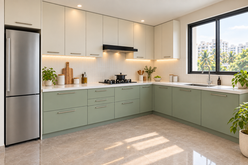 Juniper L-shape modular kitchen in sage green and cream by Right Work Interior