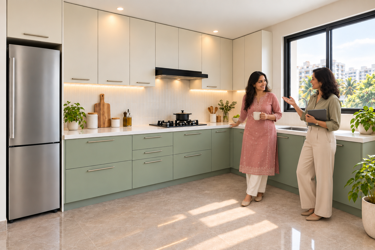 Two Indian women admiring the Juniper sage and cream modular kitchen