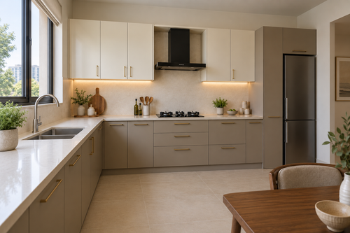 Angled view of an L-shaped kitchen concept with a window-side sink and taupe storage cabinets