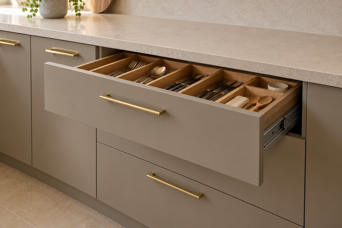 Open cutlery drawer with an oak organiser, brass handle and pale quartz countertop