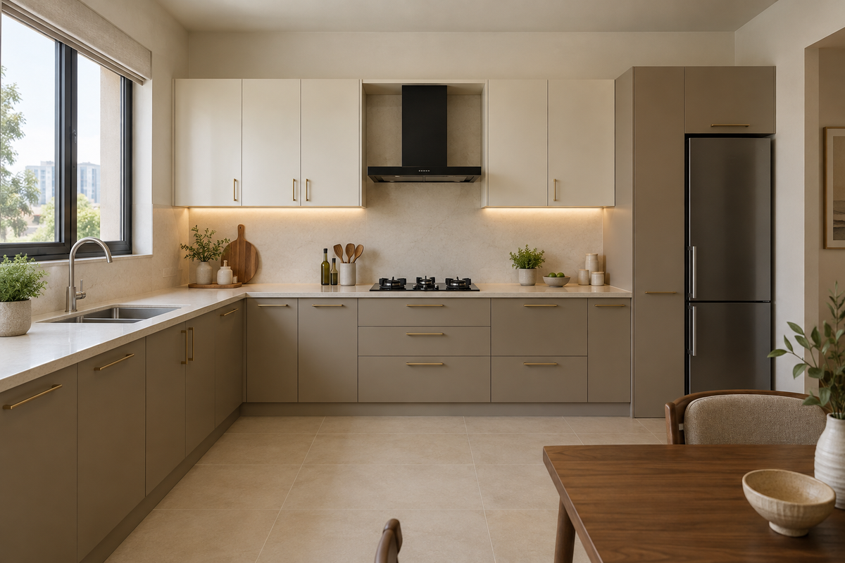 L-shaped kitchen concept with taupe cabinets, ivory wall units and a quartz countertop