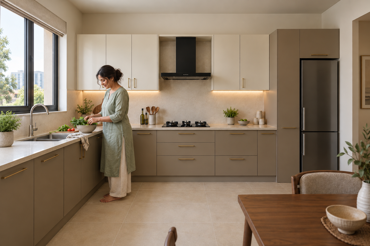 Indian homeowner preparing vegetables in a taupe and ivory L-shaped kitchen concept