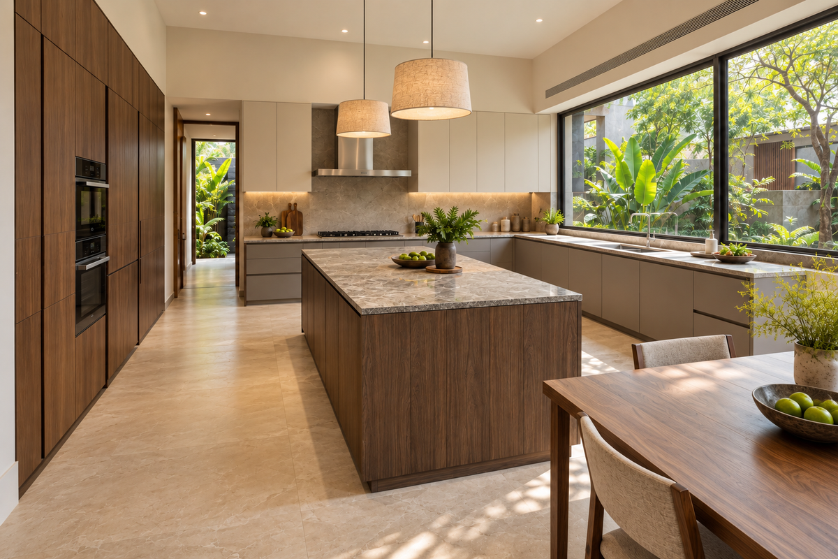 Angled view of a villa kitchen with tall oak storage and a granite-topped island