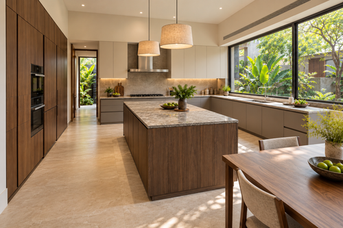 Angled view of a villa kitchen with tall oak storage and a granite-topped island