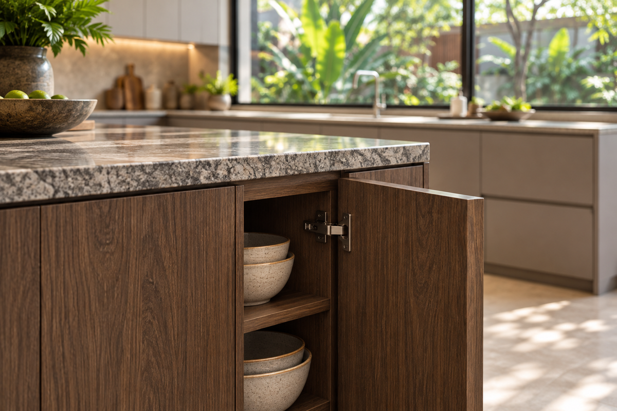 Smoked-oak island cupboard with ceramic bowls, metal hinges and a granite top