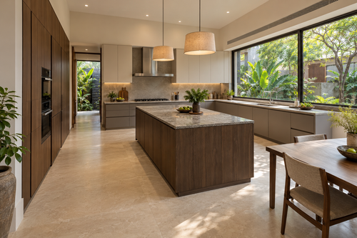 Large villa kitchen concept with a smoked-oak island and garden-facing sink counter