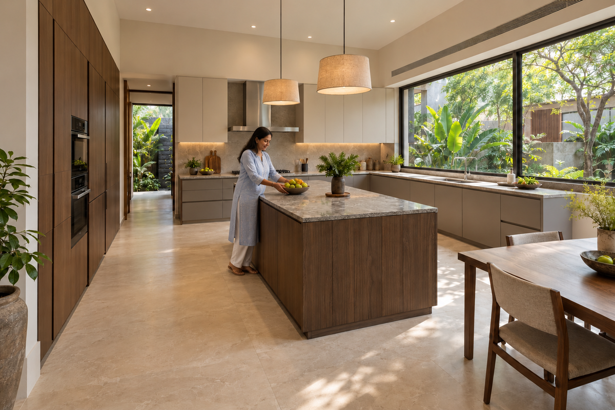 Indian homeowner placing a fruit bowl on the island in a garden-facing villa kitchen