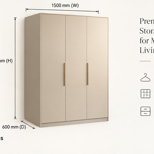 Light Beige 3 Door Wardrobe dimensions 1500 x 2100 x 600 mm by Right Work Interior Bangalore