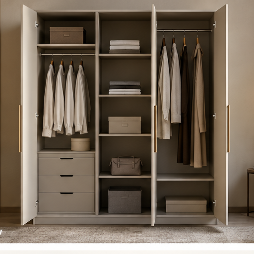 Light Beige 3 Door Wardrobe open interior view by Right Work Interior Bangalore
