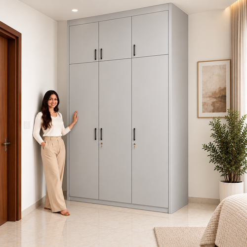 Light Grey 3 Door Modular Wardrobe Front View – Right Work Interior Bangalore