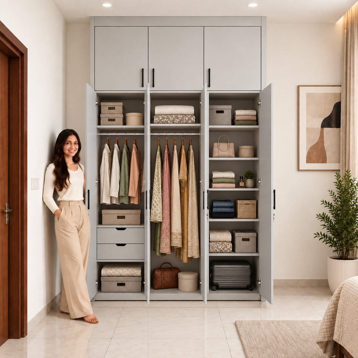 Light Grey 3 Door Modular Wardrobe Interior Storage View – Right Work Interior Bangalore