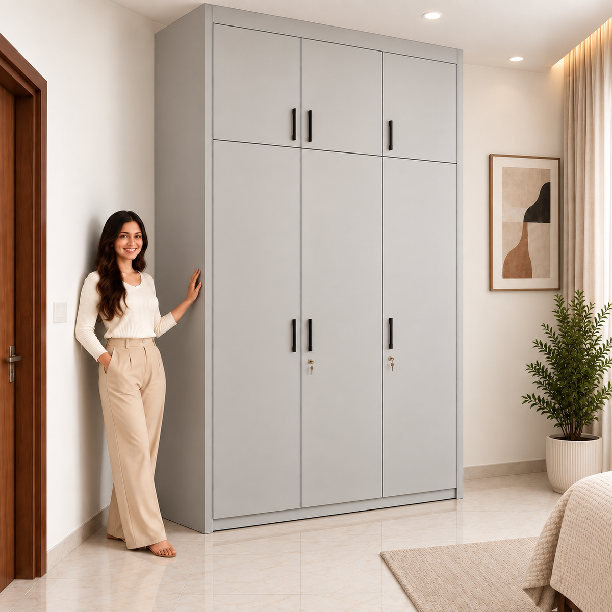 Light Grey 3 Door Modular Wardrobe Side View – Right Work Interior Bangalore