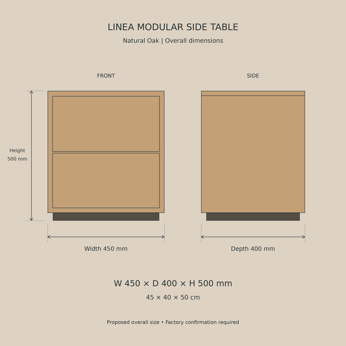 Right Work Linea Natural Oak — 450 mm wide × 400 mm deep × 500 mm high — beige background