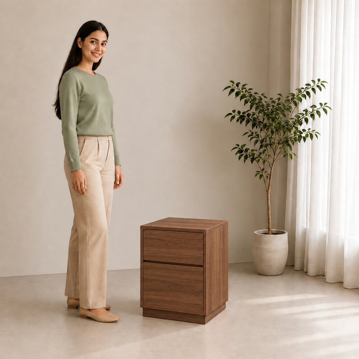 Right Work Linea Walnut — three-quarter lifestyle view with smiling woman — beige background