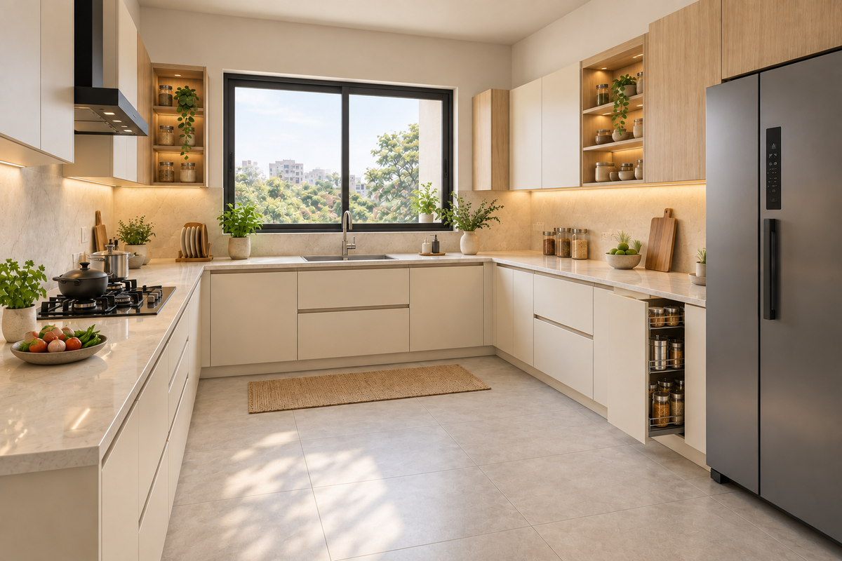 Second angle of Linen U-Shape modular kitchen in Linen Cream & Light Oak