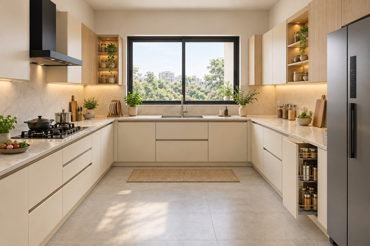 Linen U-Shape modular kitchen in Linen Cream & Light Oak by Right Work Interior Bangalore