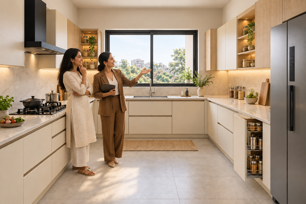 Indian homeowners with the Linen U-Shape modular kitchen in Linen Cream & Light Oak