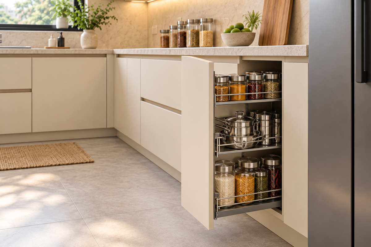 Cabinet and storage detail in Linen U-Shape modular kitchen