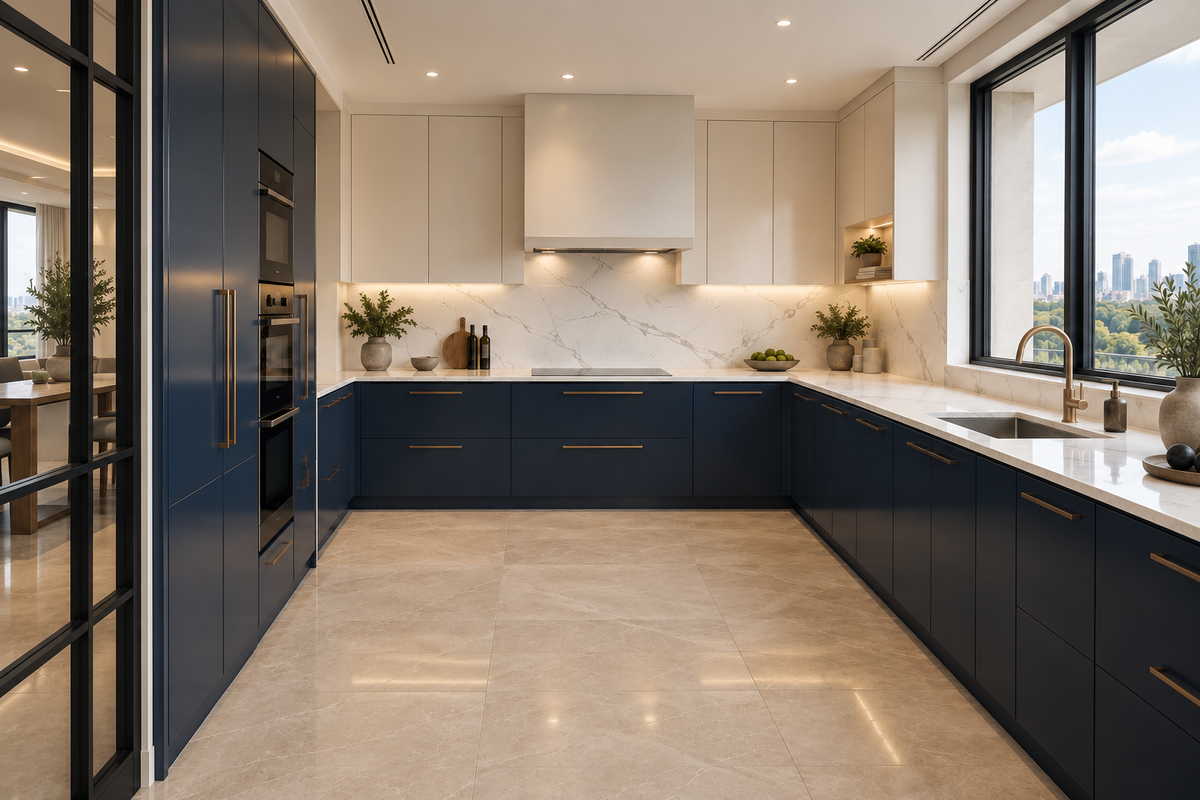 Angled view of navy kitchen cabinetry with tall appliances and a large sink-side window