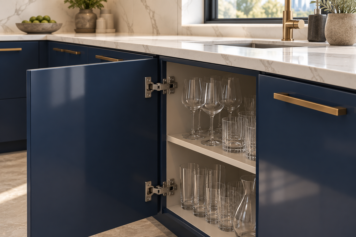 Open navy kitchen cupboard with glassware storage and concealed metal hinges